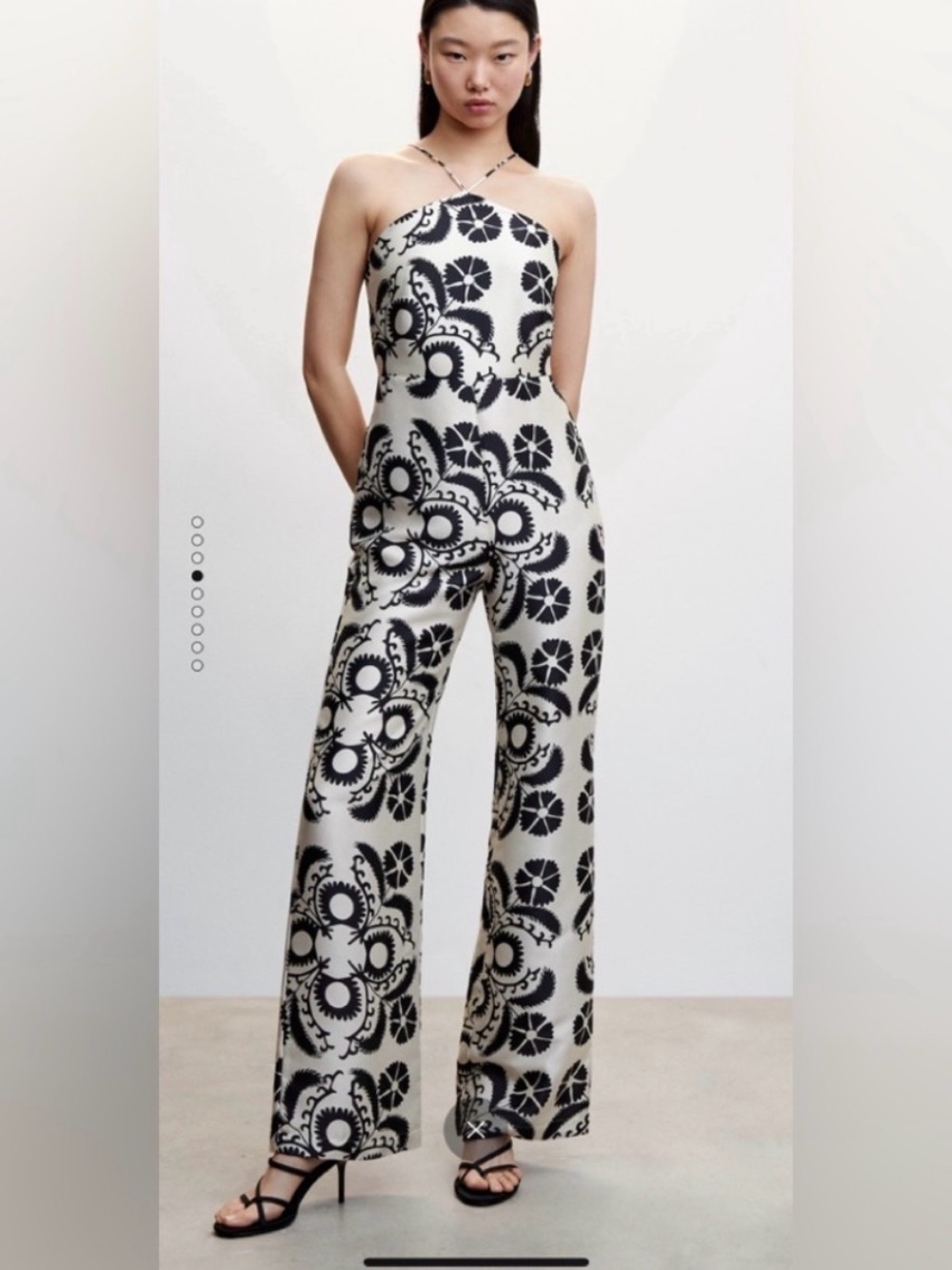 MANGO Black White Halter Jumpsuit M | Open Back Wide Leg Summer Resort Outfit